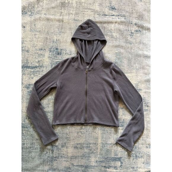 Hollister Slate Blue Gray Waffle Knit Cropped Full Zip Hoodie Women's Medium - Picture 1 of 5